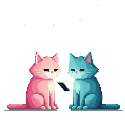Two pixel-art cats, one pink and one blue, sharing a phone