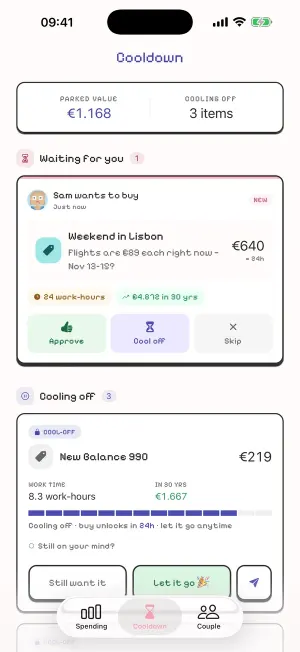 Budgie Cooldown tab: Sam wants to buy a €640 weekend in Lisbon, with Approve, Cool off and Skip buttons