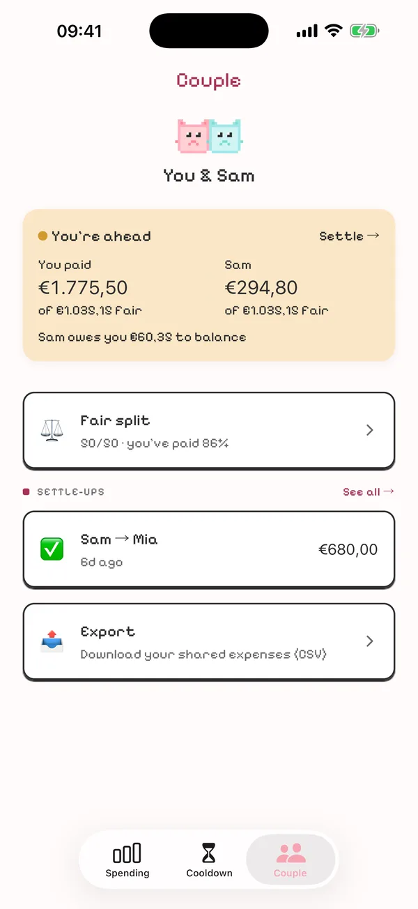 Budgie Couple tab: fair split balance, Sam owes you €60.35, settle-ups and CSV export