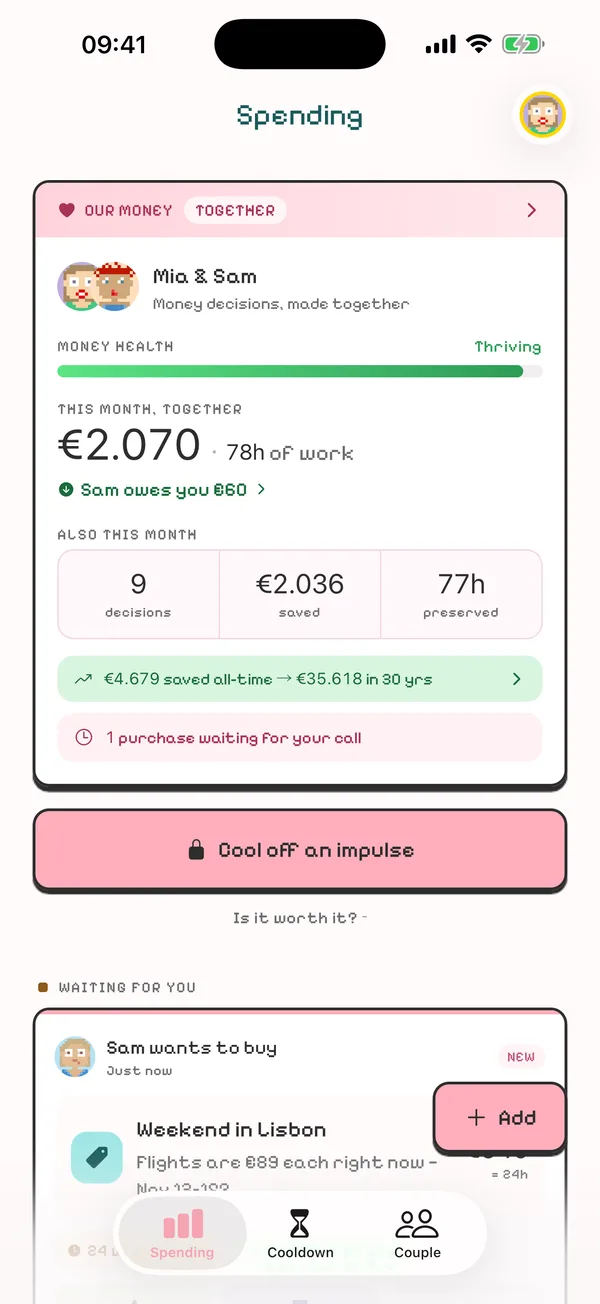Budgie Spending tab: this month together €2,070, 78 hours of work, Sam owes you €60, money health Thriving