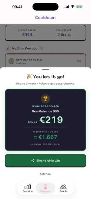 Budgie win card: impulse defeated, €219 saved on New Balance 990, about €1,667 in 30 years