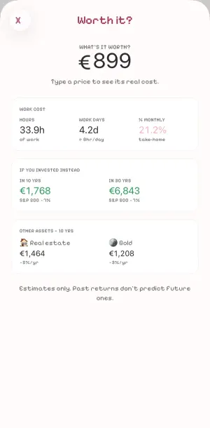 Budgie Worth it screen: €899 equals 33.9 hours of work, €1,768 in 10 years and €6,843 in 30 years if invested