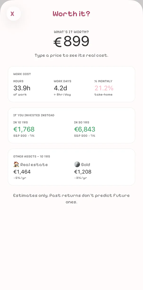 Budgie Worth it screen: €899 equals 33.9 hours of work, €1,768 in 10 years and €6,843 in 30 years if invested